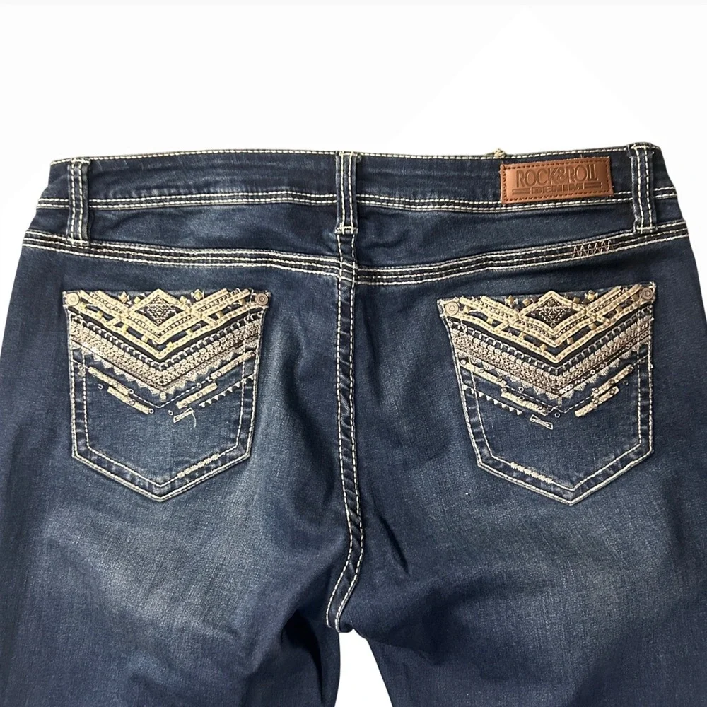 RockRoll Y2K Cowgirl Rival Boot cut Jeans Embellished Pockets 33x34 DarkWash - Picture 7 of 8